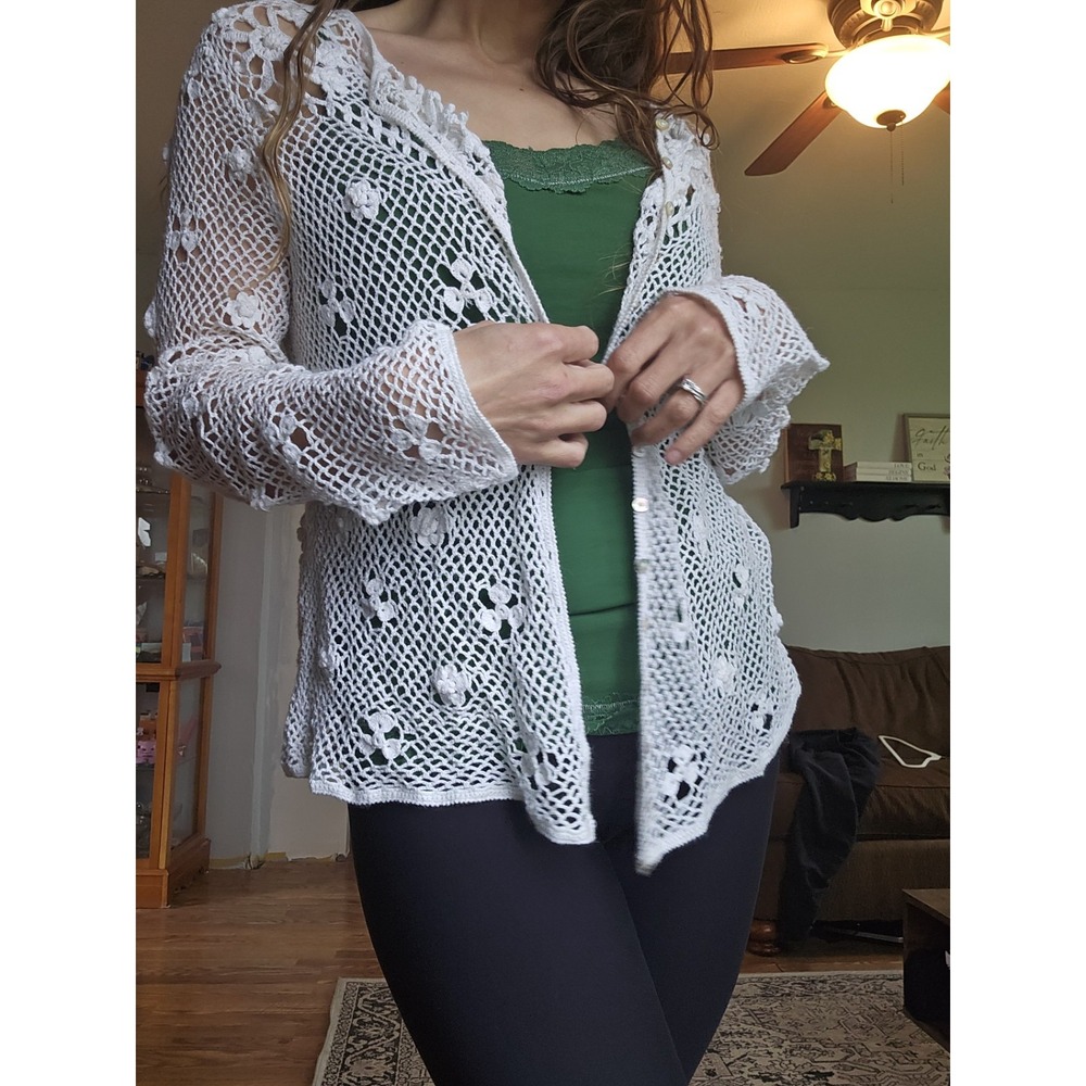Petite Sophisticate L Boho White Lace Crochet Artisnal Cardigan Dainty Fairycore